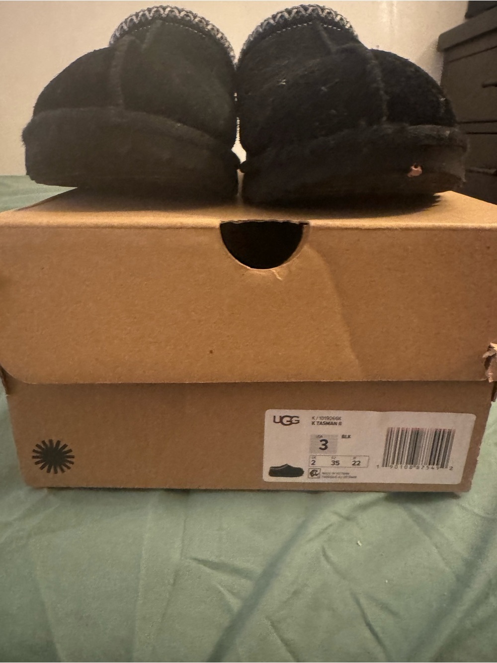 UGG Kids Black Slip-On Plush Slippers